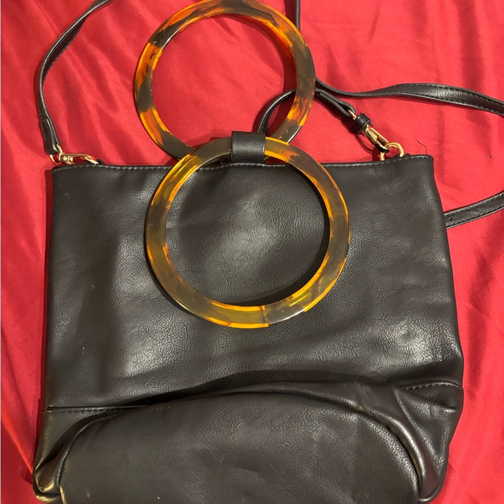 Black Leather Handbag with Orange Accents